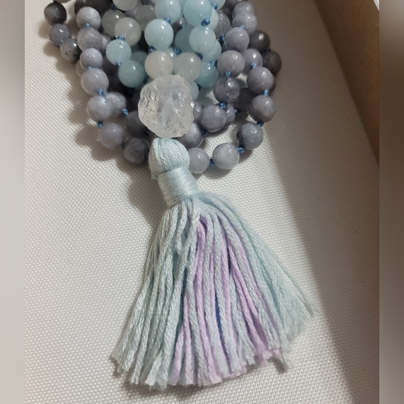Aquamarine, Amazonite & Quartz Prayer Mala Beads, 24" - Picture 4 of 12